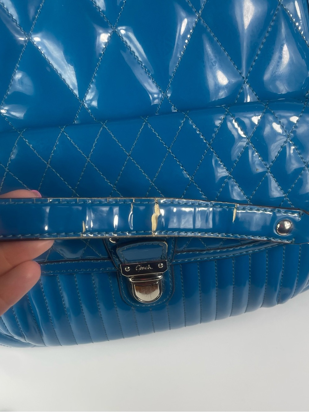 Coach Poppy Liquid Gloss Rare Teal Patent Leather Quilted Bag Y2K - Picture 14 of 14